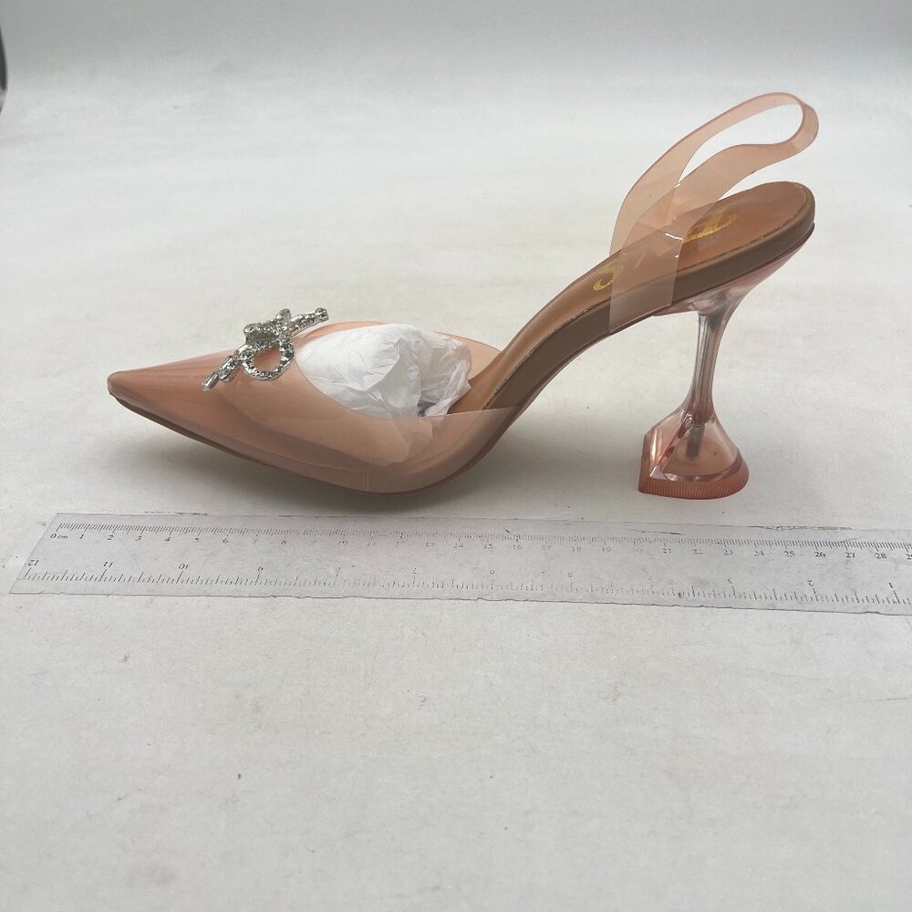 FYS Brown Slip on Pointed Toe Slingback Crystal Special Clear High Heel Pumps